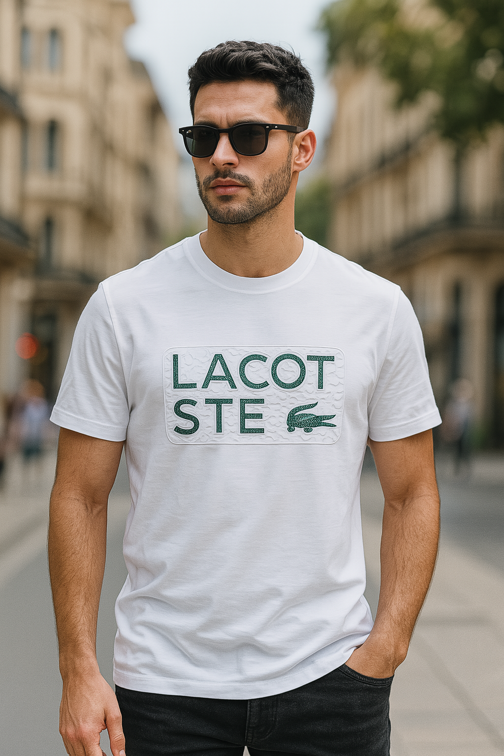 Lacoste White T-Shirt – Embossed Graphic Logo Design