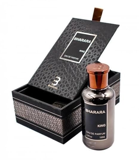 D'La Moda Bharara King Eau De Perfume bottle, 3.4oz, elegant fragrance with a sleek glass design and gold accents.