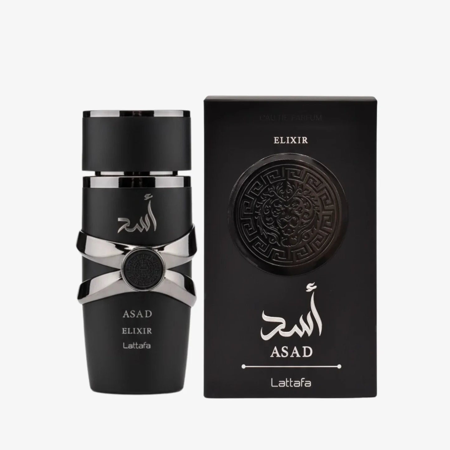 Lattafa Asad Elixir Eau de Parfum 100ml bottle with elegant packaging, featuring a sleek design by D'La Moda.