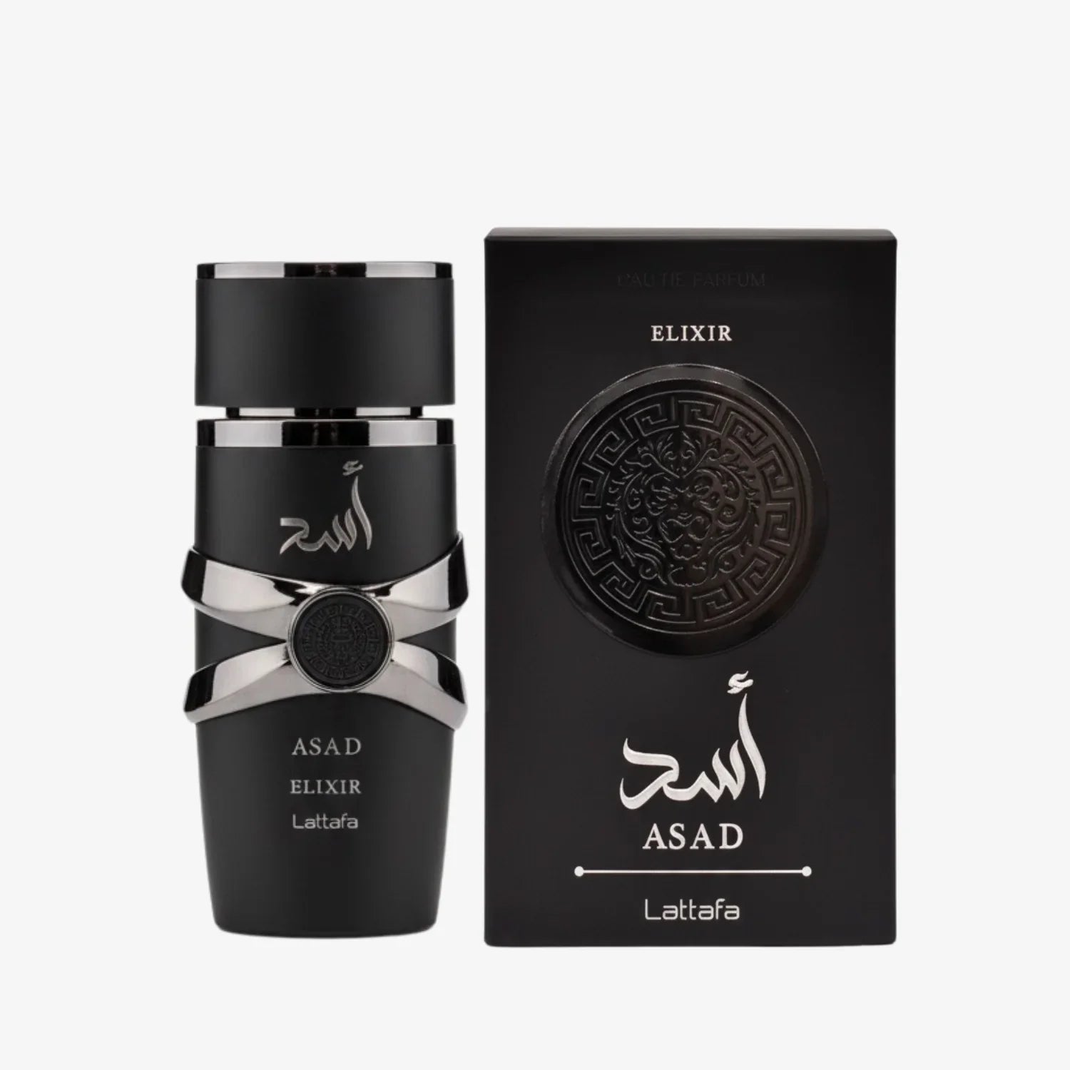 Lattafa Asad Elixir Eau de Parfum 100ml bottle with elegant packaging, featuring a sleek design by D'La Moda.