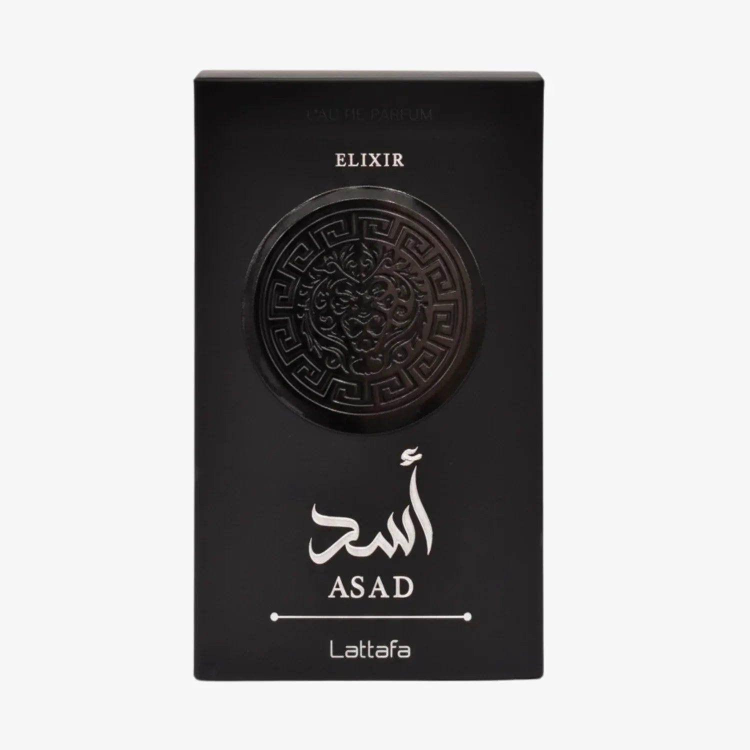 Lattafa Asad Elixir Eau de Parfum 100ml box with sleek packaging, showcasing the fragrance bottle and detailed label design.
