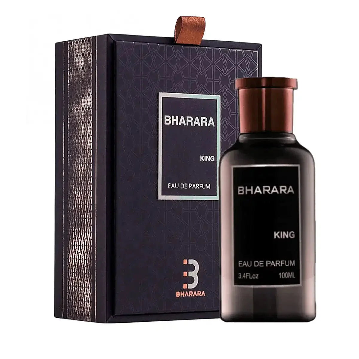 D'La Moda Bharara King Eau De Perfume 3.4oz fragrance bottle with elegant design and gold accents.