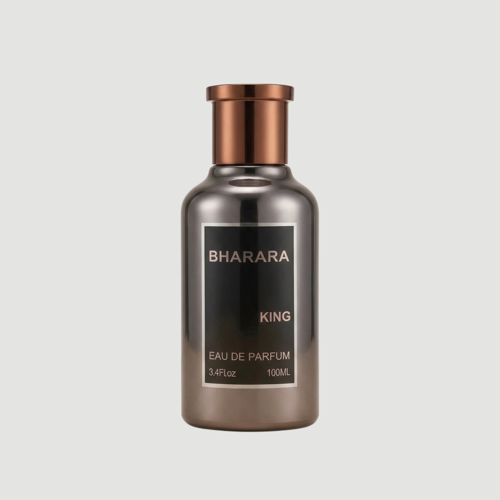 D'La Moda Bharara King Eau De Perfume bottle, 3.4oz, elegant fragrance with a sleek design and luxurious packaging.