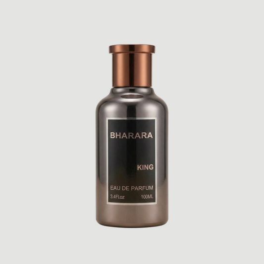 D'La Moda Bharara King Eau De Perfume bottle, 3.4oz, elegant fragrance with a sleek design and luxurious packaging.