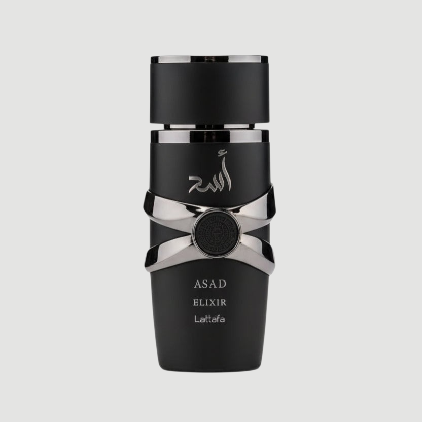Lattafa Asad Elixir fragrance bottle, 100ml EAU DE PARFUM by D'La Moda, with elegant design and gold accents.