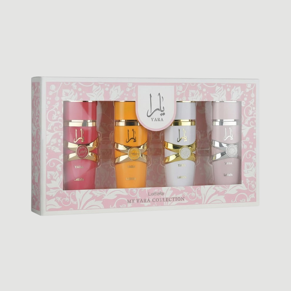 D'La Moda My Yara Collection 4-piece women's fragrance gift set with elegant bottles and floral accents.